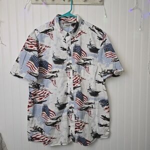 American Legend Bass Pro Patriotic Flag & Planes S/S Button Shirt Mens XLarge